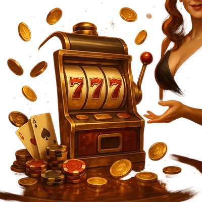Elegant slot machine with glowing coins and poker chips in a rich Vegas casino setting.